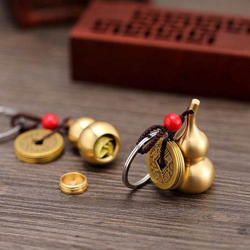 Hotop 3 Pieces Chinese Gourd Brass Wu Lou Keychains Feng Shui Coins Calabash Decorations Pendant Key Rings for Good Luck Fortune Longevity Wealth Success