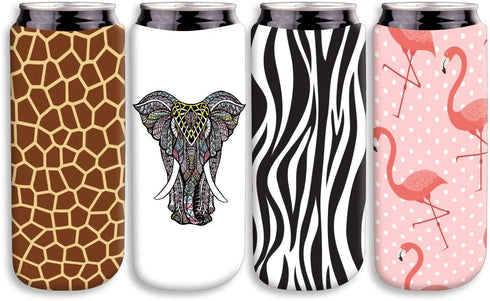 12oz Slim Can Cooler Sleeve,Fits for Michelob Ultra, Red Bull, White Claw- Neoprene Collapsible Slim 12oz Can Cooler (4, Animals)-Animals,Elephant, Flamingo, Deer, Zebra