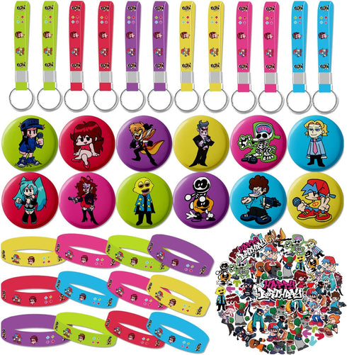 Friday Night Birthday Party Supplies,86pcs Funkin Party Supplies Kit with 50 Stickers, 12 Keychain, 12 Button Pins, 12 Bracelets