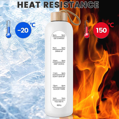 PROBTTL 32 Oz Borosilicate Glass Water Bottle with Time Marker Reminder Quotes, Leak Proof Reusable BPA Free Motivational Water Bottles with Silicone Sleeve and Bamboo Lid