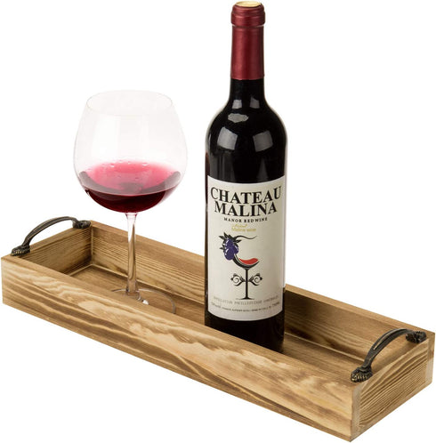 MyGift 16-inch Burnt Wood Serving Tray with Decorative Antique Metal Handles | Farmhouse Decor Rectangular Butler Tray | Coffee Table/Dining Table Centerpiece Candle Holder Tray