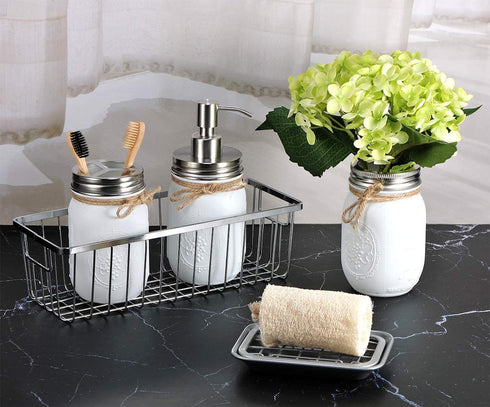 Mason Jar Bathroom Set?5 PCS?- Soap Dispenser, Toothbrush Holder & Flower Vase,Storage Organizer Basket & Soap Dish ,Vanity Organizer Bathroom Kitchen Farmhouse D©cor (5, Brushed Nickel)
