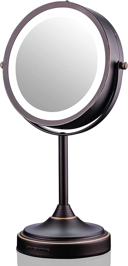 Ovente 7'' Lighted Tabletop Makeup Mirror, 1X & 7X Magnifier, Spinning Double Sided Round LED, Great for Vanity, Bath, & Bedroom, Battery Powered, Antique Bronze MCT70ABZ1X7X