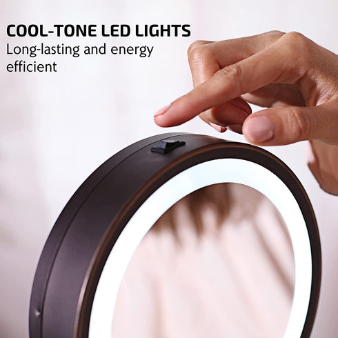 Ovente 7'' Lighted Tabletop Makeup Mirror, 1X & 7X Magnifier, Spinning Double Sided Round LED, Great for Vanity, Bath, & Bedroom, Battery Powered, Antique Bronze MCT70ABZ1X7X