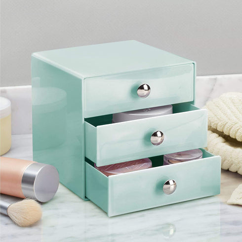 iDesign 3-Drawer Plastic Vanity Organizer, Compact Storage Organization Set for Dental Supplies, Hair Care, Bathroom, Office, Dorm, Desk, Countertop, Office, 6.5" x 6.5" x 6.5", Mint Green