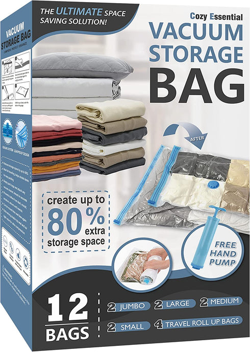 12 Pack Vacuum Storage Bags, Space Saver Bags (2 Jumbo/2 Large/2 Medium/2 Small/4 Roll) Compression Storage Bags for Comforters and Blankets, Vacuum Sealer Bags for Clothes Storage, Hand Pump Included