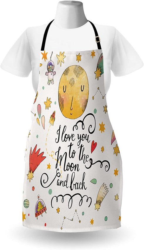 Lunarable Star Apron, I Love You to The Moon and Back Romantic Words Cartoon Planets Moon Astronauts, Unisex Kitchen Bib with Adjustable Neck for Cooking Gardening, Adult Size, Mustard Brown