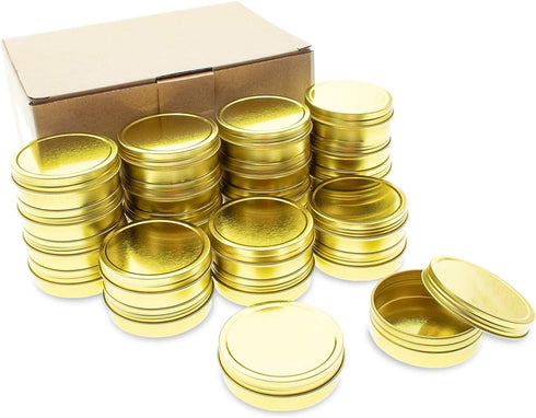 Mimi Pack 24 Pack Tins 1 oz Shallow Round Tins with Solid Screw Lids Empty Tin Containers Cosmetics Tins Party Favors Tins and Food Storage Containers (Gold)