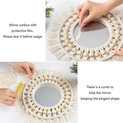 Dremisland Hanging Wall Mirror-Boho Macrame Fringe Round Decorative Mirror with Wood Beads Feather Pendant?Art Ornament for Apartment Home Bedroom Living Room