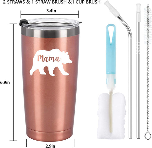 Gingprous Mama Bear Travel Tumbler, Mother's Day Gifts for Best Mom Mother Birthday Christmas Thangksgiving Gifts, Stainless Steel Insulated Travel Tumbler with 2 Lids and Straws, (20 Oz, Rose Gold)