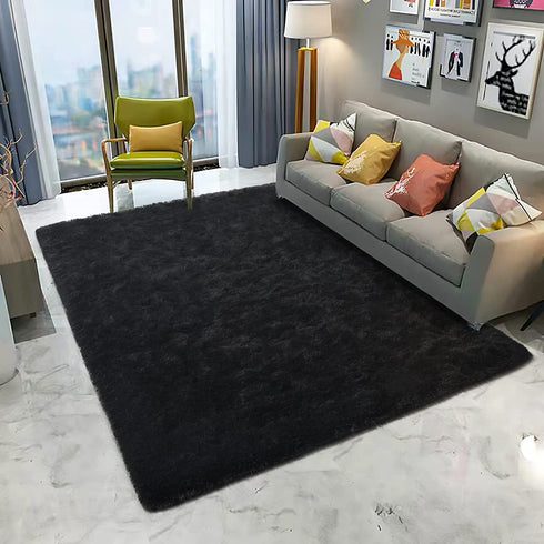 DETUM Soft Bedroom Area Rugs, Fluffy Fur Rug for Living Room Kids Room Nursery Room Mat, Shaggy Plush Carpet for Indoor Floor, Modern Home Decor, 4 x 6 Feet, Black