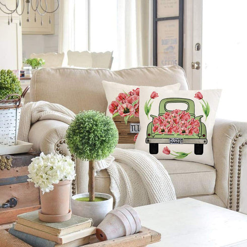 4TH Emotion Spring Tulips Pillow Covers 18x18 Set of 4 Easter Farmhouse Decor Valentines Decoration Mothers Day Cushion Case for Sofa Couch Polyester Linen