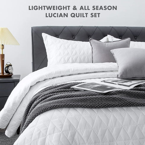Lucian White Quilt Set Twin Size, Geometric Pattern Stitched Bedspread, Lightweight Breathable Summer Comforter Coverlet Sets for All Season, 1 Quilt (68"x86") and 1 Pillow Sham