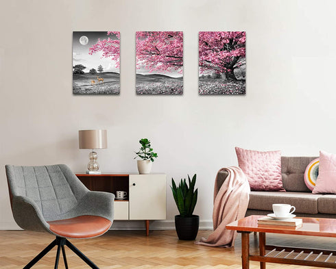 Tree with Pink Leaves Wall Art Paintings on Black and White Canvas Tree of Life Night Landscape Picture for Living Room Bedroom Wall Decor Stretched and Framed Ready to Hang 12x16 inch