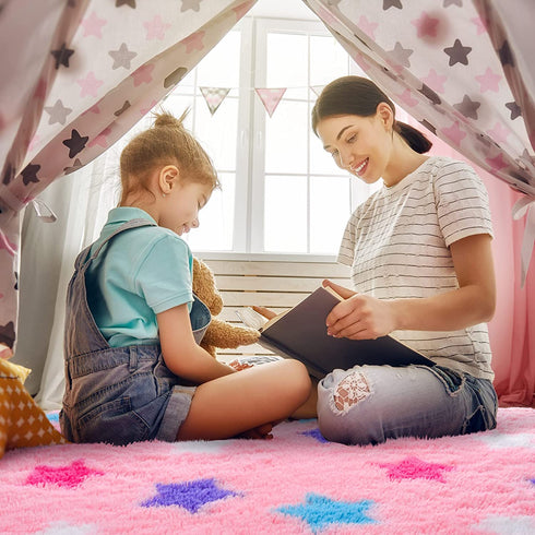 RUGICI Pink Round Rug for Girls Bedroom, Fluffy Circle Rugs for Kids Room, Fuzzy Shaggy Area Rug, Furry Star Play Mat for Princess Tent, Nursery Rug for Baby Teen Girls Room Decor, 4 ft