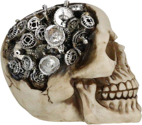 Ebros Steampunk Cyborg Protruding Gearwork Human Skull Statue Sci Fi Clockwork Gear Design Skeleton Cranium Figurine