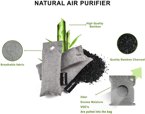 Adhara Sky 12 Pack Bamboo Charcoal Air Purifying Bag, Activated charcoal Bags Odor Absorber, Odor Eliminator for Home, Car, Office, Closet & House Deodorizer (6X200g,2X100g,4X50g,6 Hooks & Strings)
