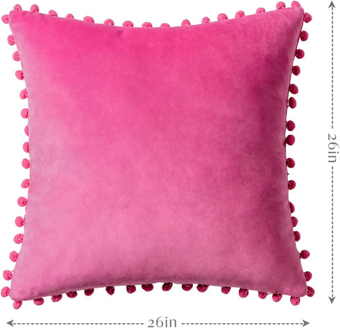 Ashler Throw Pillow Cases with Soft Pom Poms Velvet Plush Vibrant Elegant Cushion Covers, Pack of 2, Pink 26 x 26 inches 66 x 66 cm