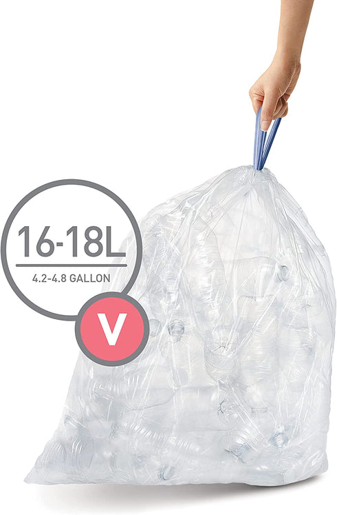 simplehuman Code V Custom Fit Drawstring Trash Bags in Dispenser Packs, 16-18 Liter / 4.2-4.8 Gallon, Clear 60 Liners
