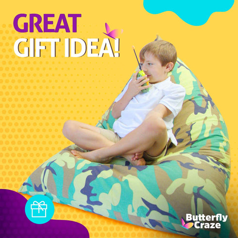 Butterfly Craze Bean Bag Chair Cover (Stuffing Not Included) Toddler Toy Organizer Fill with Stuffed Animals to Create a Jumbo, Comfy Floor Lounger for Boy™s or Girl™s Bedroom Camo