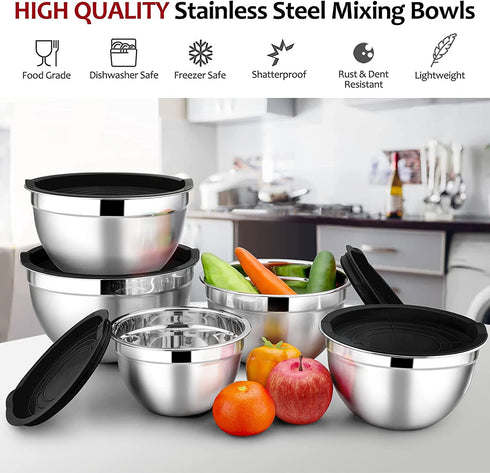 Mixing Bowls with Lids Set of 5, E-far Stainless Steel Black Mixing Bowls Metal Nesting Bowls with Airtight Lids for Cooking, Baking, Serving, Storage - Size 0.7/1/1.5/3/4.5QT - Dishwasher Safe