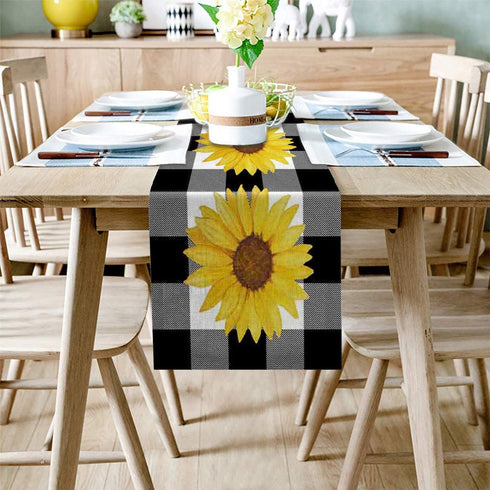 Linen Table Runner for Dining Table,Farm Sunflower Buffalo Plaid Black and White Machine Washable Table Top Covers 72 Inches for Home Kitchen Wedding Party Outdoor Decor