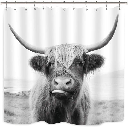 Riyidecor Highland Cow Bull Shower Curtain 60Wx72H Inch Farmouse Western Wildlife Portrait Animal Funny Country 12 Pack Plastic Hooks Kids Sketch Waterproof Fabric Modern Polyester Bathroom Decor