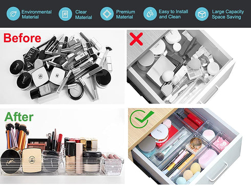 21 PCS Clear Plastic Drawer Organizers, 4 Size Vanity Organizer Set, Drawer Dividers Organization Trays for Desk, Makeup, Jewelries and Kitchen Utensils