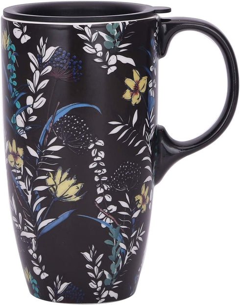 TZSSP Coffee Ceramic Mug Porcelain Latte Tea Cup With Lid 17oz. Black