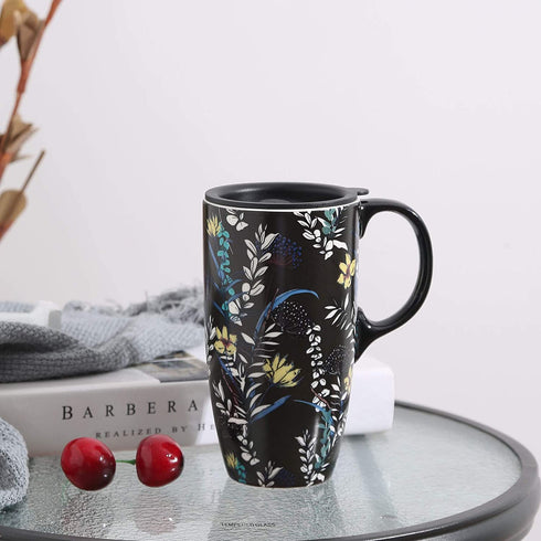 TZSSP Coffee Ceramic Mug Porcelain Latte Tea Cup With Lid 17oz. Black