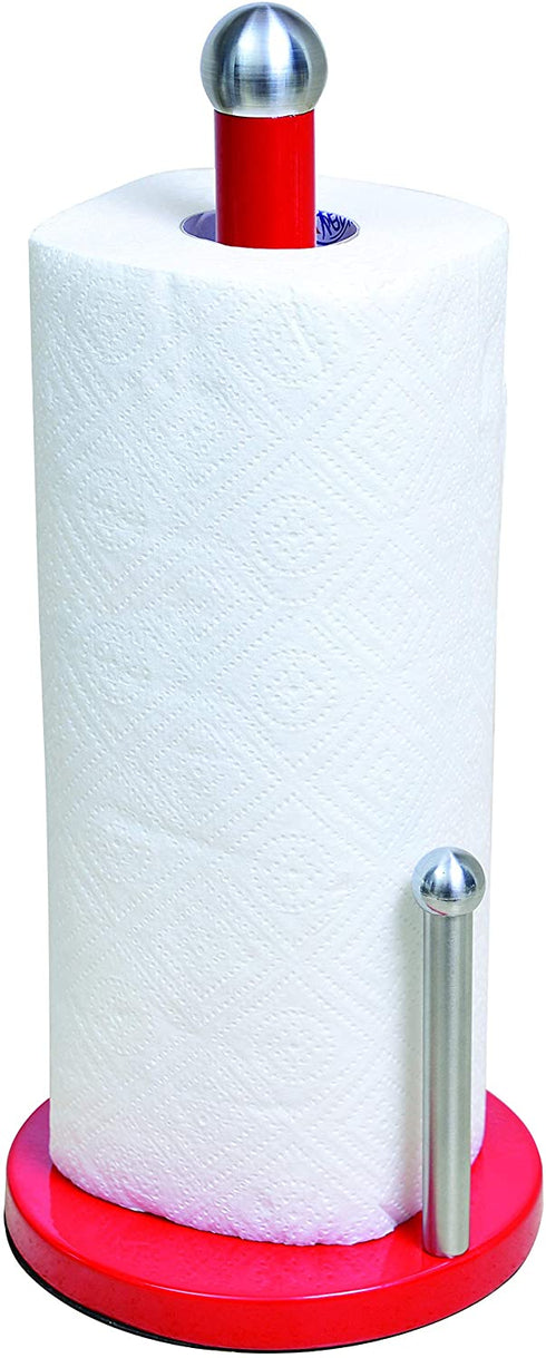 Kitchen Details Countertop Single Tear Paper Towel Holder, Free Standing, Weighted Bottom, Holds Large Rolls, Dispenser Bar Prevents Unraveling, Red