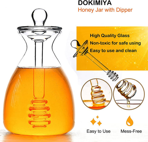 Dokimiya Honey Pot Glass Honey Dispenser Jar with Dipper for Home Kitchen, Clear, 14 Ounces