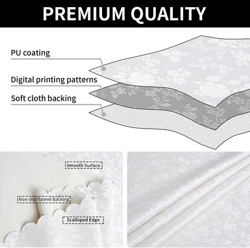 Romanstile Rectangle Vinyl Tablecloth,100% Waterproof Heavy Duty Oil Spill Proof Stain Resistant Plastic PU Table Cover with Flannel Backing for Kitchen & Dining (Rose White, 60 x 102)