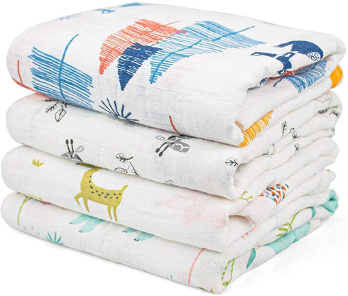Kingrol 4 Pack Baby Muslin Swaddle Blankets, Soft Unisex Swaddle Wrap for Boys and Girls, Large Neutral Receiving Blanket for Newborn Infant, Bear/Fox/Elk/Elephant