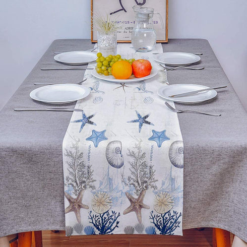 Undersea Starfish Shell and Seahorse Table Runner Dresser Scarves,Linen Burlap Table Runners Cloth for Dinner Holiday Party, Kitchen Decor Coastal Nautical Anchor 13x90inch