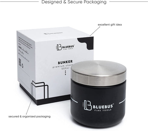 BLUE BUS BUNKER Smell Proof 500ML Jar Airtight Container - Multipurpose Bunker for Keeping Herb, Spice, Coffee, & Tea Fresh, Airtight Storage Canister with Moisture Bag, Magnet Stand, & Pen (Black)