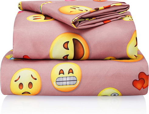 Chital Twin Bed Sheets for Girls | 3 Pc Colorful Kids Bedding Set | Pink Emoji Print | Durable Super-Soft, Double-Brushed Microfiber | 1 Flat & 1 Fitted Sheet, 1 Pillow Case | 15" Deep