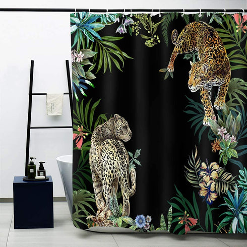 MACOFE Animal Print Leopard Shower Curtain Set,Hooks Included,Tropical Safari Black Fabric Bathroom Shower Curtain (72 x 72)
