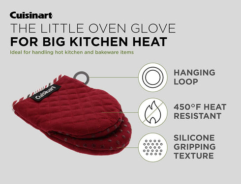Cuisinart Silicone Mini Oven Mitts, 2pk - Little Oven Gloves for Cooking - Heat Resistant, Non-Slip Grip, Hanging Loop, 5.5 x 7.5 Inches - Ideal for Handling Hot Kitchen, Bakeware Items - Red Dahlia