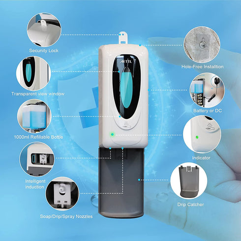 AETTL Automatic Soap Dispenser, Touchless Hand Sanitizer Dispenser Wall Mount, Sensor Foaming Dispenser 1000ml/33oz Refillable Bottle with Drip Tray for Bathroom, Hotel, Office, Church, Supermarket€¦