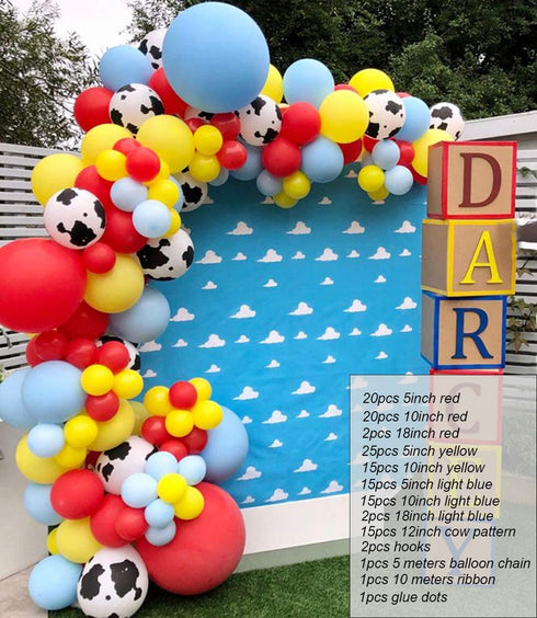 Cow Pattern Printed Balloon Arch Toy Story Theme Party Supplies 129pcs Red Yellow Blue Balloons Garland Kit for Mario Toy Story Theme Birthday Party, Baby Shower, Farm Circus Carnival Party