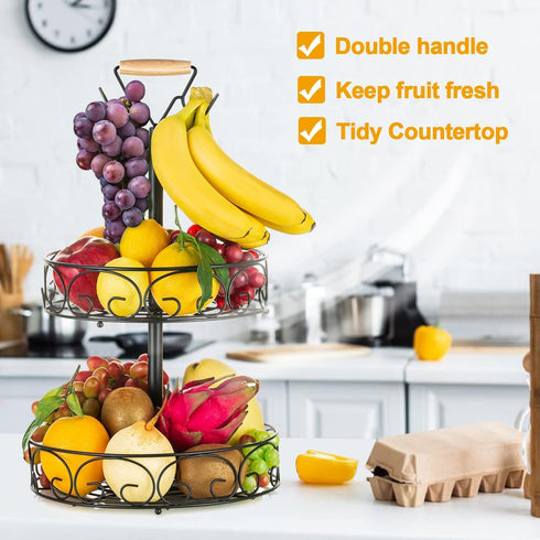 2-Tier Fruit Basket Bowl with Banana Hanger for Kitchen, Detachable Vegetables Countertop Storage for Kitchen Organizer, Large Capacity Home Decor Fruit Stand Holder Tray for Bread, Snacks, Black