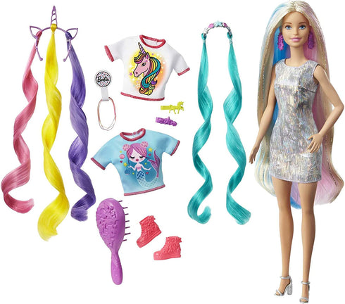 Barbie Fantasy Hair Doll, Blonde, with 2 Decorated Crowns, 2 Tops & Accessories for Mermaid and Unicorn Looks, Plus Hairstyling Pieces, for Kids 3 to 7 Years Old