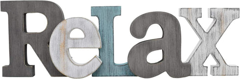 E-view Rustic Wooden Teal Home Sign Decorative Cutout Letters Freestanding Block Word Sign Hanging Ornament Table Shelf Decor (Relax)