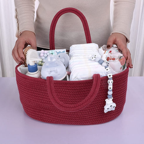 Baby Diaper Caddy Organizer for Girl Boy Rope Nursery Storage Bin Basket Portable Holder Tote Bag for Changing Table Car Travel Baby Shower Gifts Newborn Essentials Registry Must Have Items (Rust red)