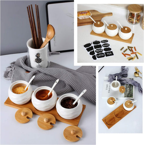 LUEUR Porcelain Condiment Jar Spice Container with Bamboo Lids, Ceramic Spoons & Wooden Serving Tray Ceramic 225ml Sugar Bowl Set of 3 For Kitchen W/Free Blackboard Adhesive Stickers 16 Labels