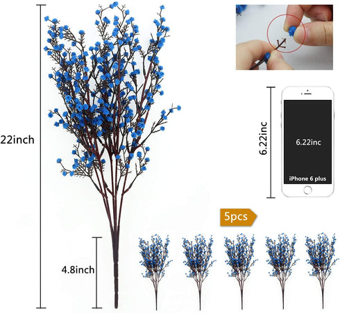 LUCKY SNAIL Artificial Flowers, 5 PCS Babys Breath Artificial Flowers Bulk Artificial Gypsophila Bouquets Real Touch Fake Flowers for Wedding Home Party Office Table Centerpiece Decor (Blue)