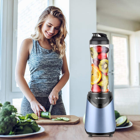 La Reveuse Smoothies Blender Personal Size 300 Watts with 18 oz BPA Free Portable Travel Sports Bottle (Light Blue)