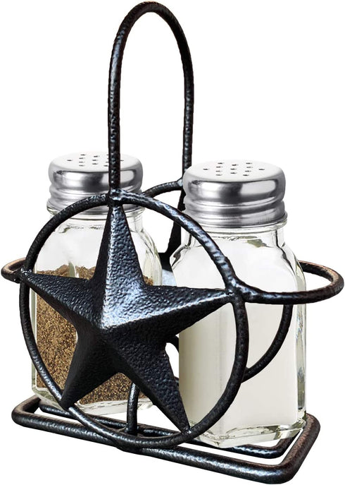 Black Rustic Texas Star Salt and Pepper Holder - Country Farmhouse Iron Metal Primitive Kitchen Countertop Holders, Western Style Caddy for Shakers, Table Counter Decor (Salt & Pepper Shaker Holder)