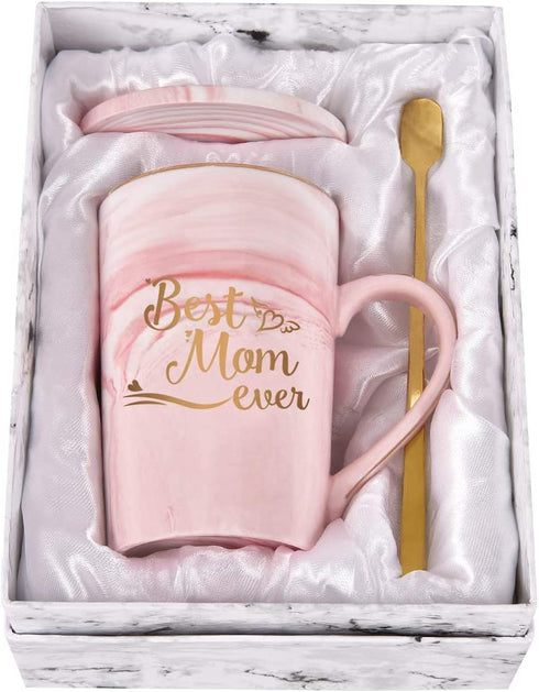 Best Mom Ever Coffee Mug for Mom Mother Mothers Day Mom Mug from Daughter Son Mom Coffee Mug 14Oz Pink Marble Mug with Exquisite Box Spoon Coaster